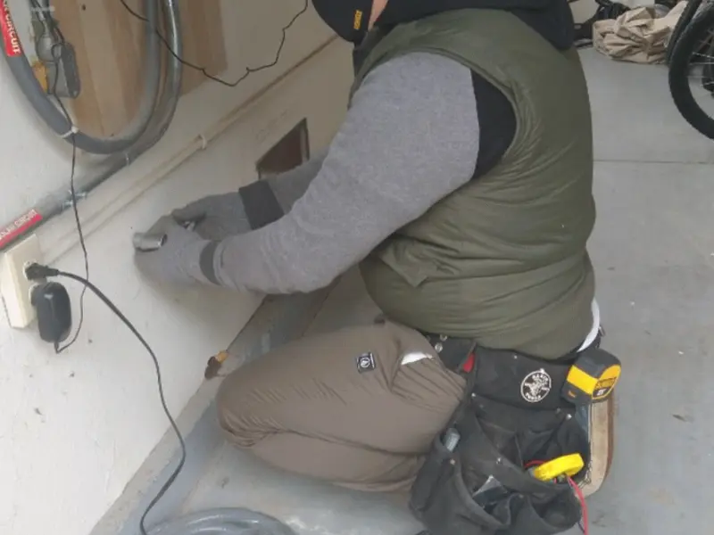 Electrician performing outlet wiring in a St. Peters garage